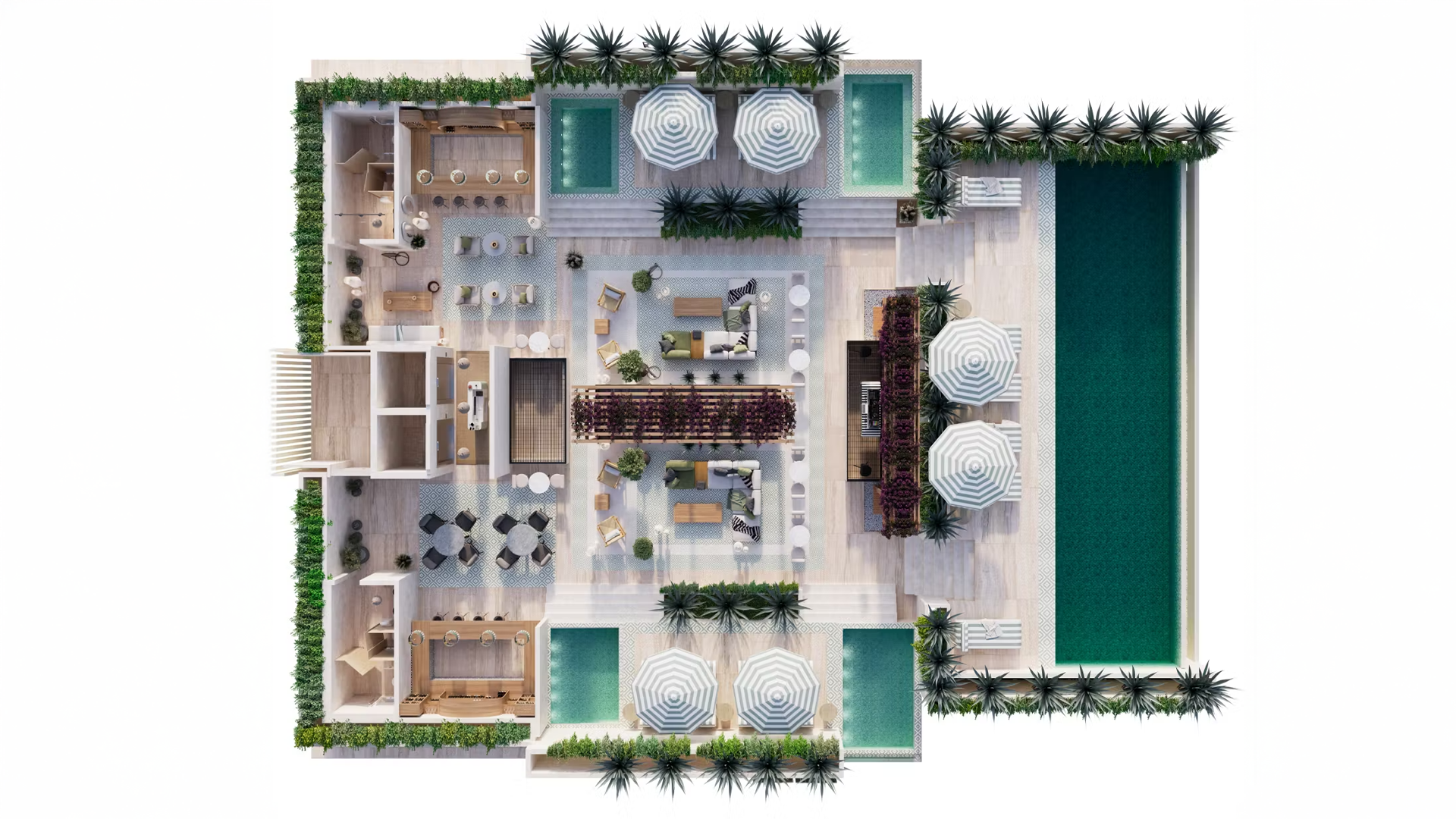 Plano amueblado en 3D con representación realista de recámaras y áreas comunes