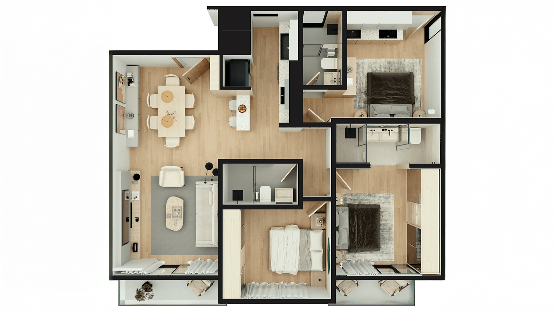 Planta arquitectónica ambientada 3D de departamento con sala y comedor amueblados