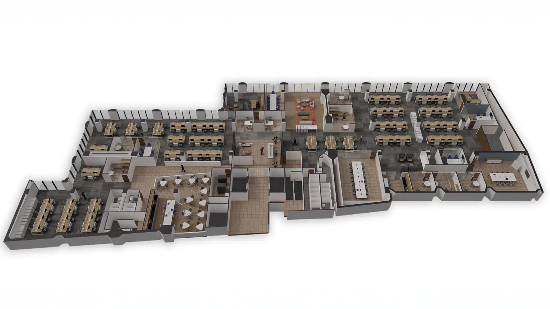 Floor plan 3D de planta baja residencial con distribución de mobiliario y decoración